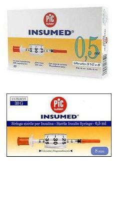 SIRINGA PER INSULINA PIC INSUMED 0,5 ML 100 UI AGO GAUGE 29 LUNGHEZZA 12,7 MM SENZA SPAZIO MORTO 3 SACCHETTI DA 30 PEZZI - goldeneffe.it