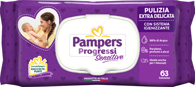 PAMPERS PROGRESSI SALVIETTE SENSITIVE ALOE RICARICA 63 PEZZI - goldeneffe.it