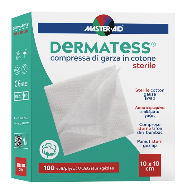 GARZA COMPRESSA MASTER-AID DERMATESS COTONE 10X10CM 100 PEZZI - goldeneffe.it