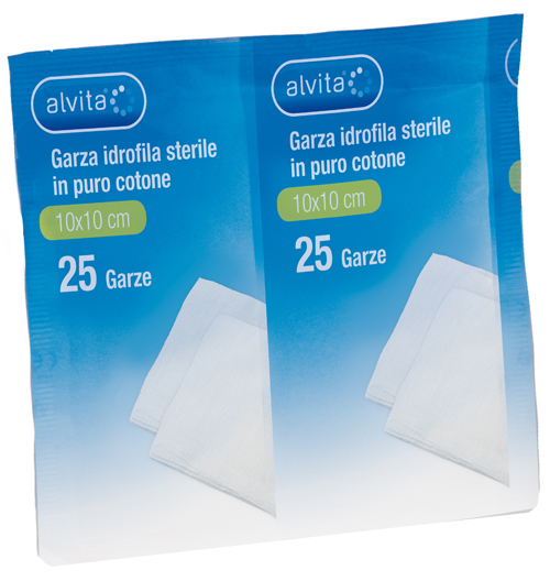 GARZA IDROFILA IN PURO COTONE ALVITA 10X10CM 25 PEZZI - goldeneffe.it