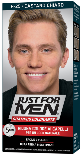 JUST FOR MEN SHAMPOO COLORANTE H25 CASTANO CHIARO ATTIVATORE CHIARO 38,5 ML + BASE COLORE 27,5 ML - goldeneffe.it