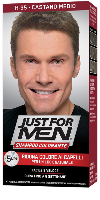 JUST FOR MEN SHAMPOO COLORANTE H35 CASTANO MEDIO ATTIVATORE CHIARO 38,5 ML + BASE COLORE 27,5 ML - goldeneffe.it