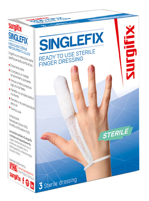 MEDICAZIONE STERILE PER DITO SINGLEFIX, COSTITUITA DA UNA GUAINA IN COTONE E DA UN'IMBOTTITURA INTERNA ASSORBENTE. SI APPLICA DIRETTAMENTE SULLA FERITA E SI FISSA AL POLSO - goldeneffe.it