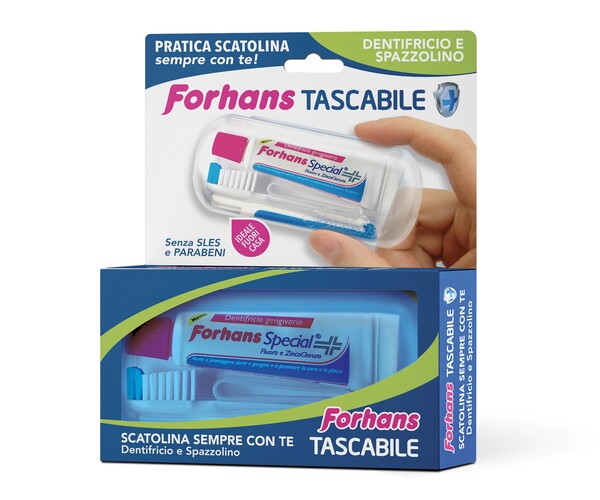 FORHANS TRAVEL KIT TASCABILE COMPOSTO DA SPAZZOLINO DA VIAGGIO + FORHANS SPECIAL PASTA DENTIFRICIA TUBETTO 12,5 ML - goldeneffe.it