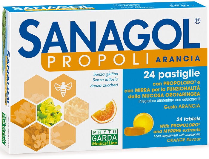 SANAGOL PROPOLI SENZA ZUCCHERO ARANCIA 24 CARAMELLE - goldeneffe.it