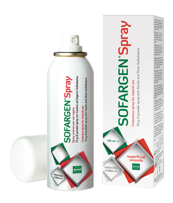 MEDICAZIONE IN POLVERE SPRAY CON CAOLINO E ARGENTO SULFADIAZINA 1% SOFARGEN SPRAY 10 G BOMBOLETTA PRESSURIZZATA 125 ML - goldeneffe.it