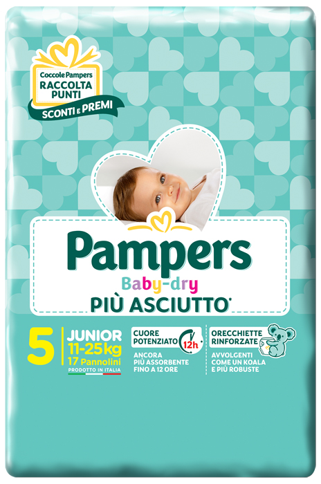 PANNOLINI PER BAMBINI PAMPERS BABY DRY DOWNCOUNT NO FLASH JUNIOR 17 PEZZI - goldeneffe.it