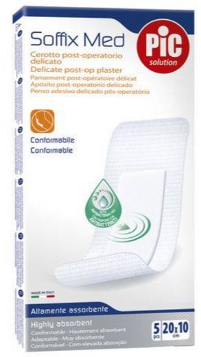CEROTTO PIC SOFFIX MED IN TNT CON TAMPONE CENTRALE ASSORBENTE STERILE MONOUSO 10X20 CM ANTIBATTERICO 5 PEZZI - goldeneffe.it