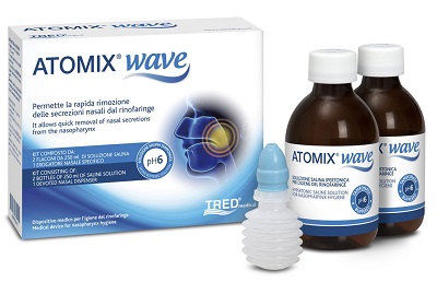 ATOMIX WAVE DISPOSITIVO PER IGIENE RINOFARINGEA ATOMIX SOLUZIONE SALINA 250 ML 2 PEZZI + TERMINALE NASALE + EROGATORE A SOFFIETTO - goldeneffe.it
