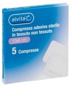 ALVITA GARZA COMPRESSA ADESIVA STERILE IN TESSUTO NON TESSUTO ESTENSIBILE BIANCO 10X6CM 5 PEZZI - goldeneffe.it