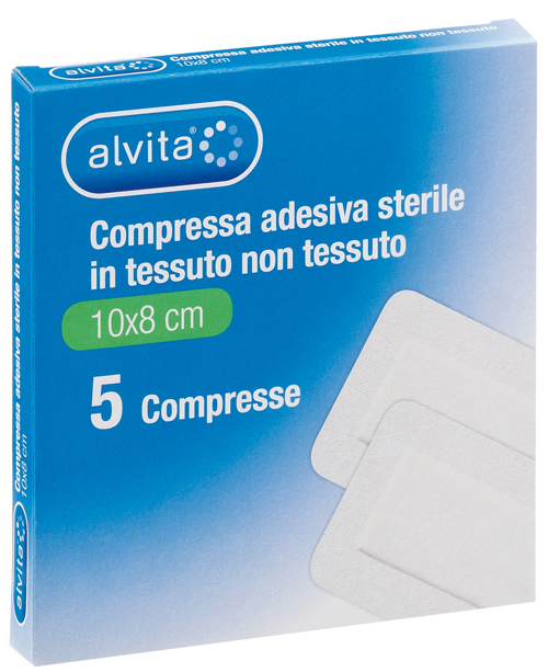ALVITA GARZA COMPRESSA AUTOADESIVA IN TNT 10X8CM 5 PEZZI - goldeneffe.it