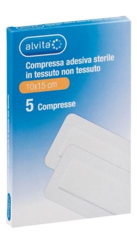 ALVITA GARZA COMPRESSA ADESIVA STERILE IN TESSUTO NON TESSUTO ESTENSIBILE BIANCO 10X15CM 5 PEZZI - goldeneffe.it