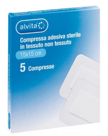 ALVITA GARZA COMPRESSA ADESIVA STERILE IN TESSUTO NON TESSUTO ESTENSIBILE BIANCO 15X15CM 5 PEZZI - goldeneffe.it