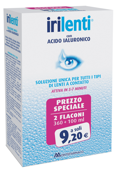 SOLUZIONE UNICA PER LENTI A CONTATTO IRILENTI CON ACIDO IALURONICO 2 FLACONI DA 360 ML + 100 ML - goldeneffe.it