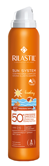 RILASTIL SUN SYSTEM BABY PPT SPF 50+ TRANSPARENT SPRAY WET SKIN 200 ML - goldeneffe.it
