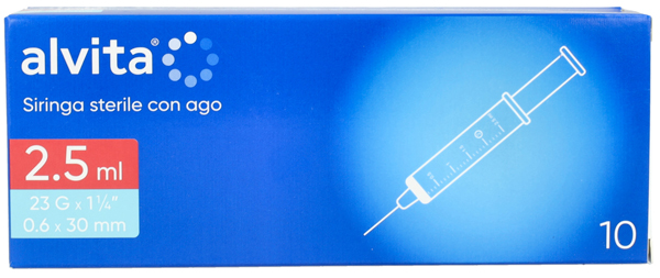 SIRINGA PER INFUSIONE E IRRIGAZIONE ALVITA 2,5 ML CON AGO 23 GAUGE 1 1/4 0,6X30MM 10 PEZZI - goldeneffe.it