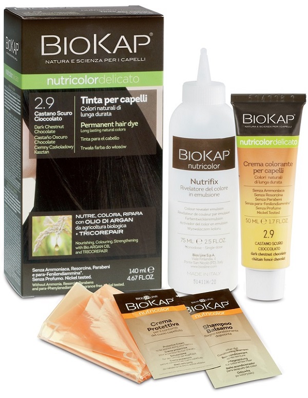 BIOKAP NUTRICOLOR DELICATO 2,9 CASTANO SCURO CIOCCOLATO TINTA TUBO + FLACONE - goldeneffe.it