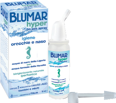 BLUMAR HYPER SPRAY NO GAS SOLUZIONE IPERTONICA DI ACQUA DI MARE E ACQUA TERMALE PER IGIENE NASO E ORECCHIO 50 ML - goldeneffe.it