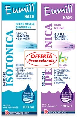 EUMILL NASO BIPACK SPRAY SOLUZIONE ISOTONICA 100 ML + SOLUZIONE IPERTONICA 100 ML - goldeneffe.it