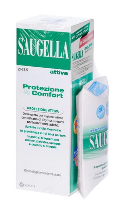 SAUGELLA PROTEZIONE&COMFORT BUNDLE 1 ATTIVA 250 ML + 3 ASSORBENTI INTERNI REGULAR IN OMAGGIO + GADGET STICKERS MOTIVAZIONALI - goldeneffe.it