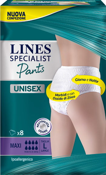 LINES SPECIALIST PANTS MAXI L X 8 PANNOLONE MUTANDINA INDOSSABILE COME NORMALE BIANCHERIA TIPO PULL-ON - goldeneffe.it