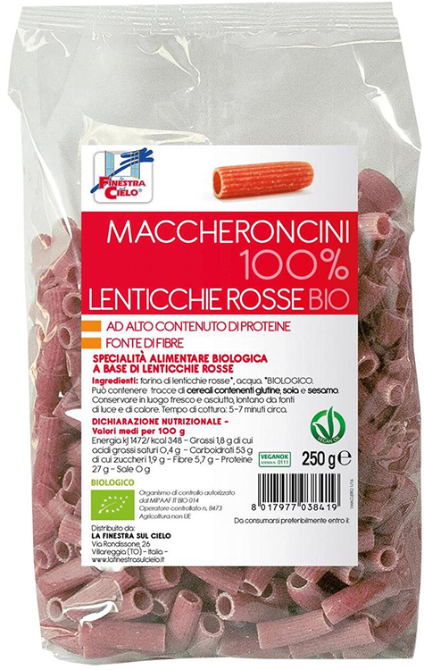 LA FINESTRA SUL CIELO MACCHERONCINI LENTICCHE ROSSE BIO 250 G - goldeneffe.it