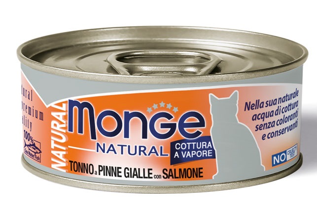 MONGE NATURAL QUALITY GATTO MONGE NATURAL TONNO PINNA GIALLA CON SALMONE 80 G - goldeneffe.it