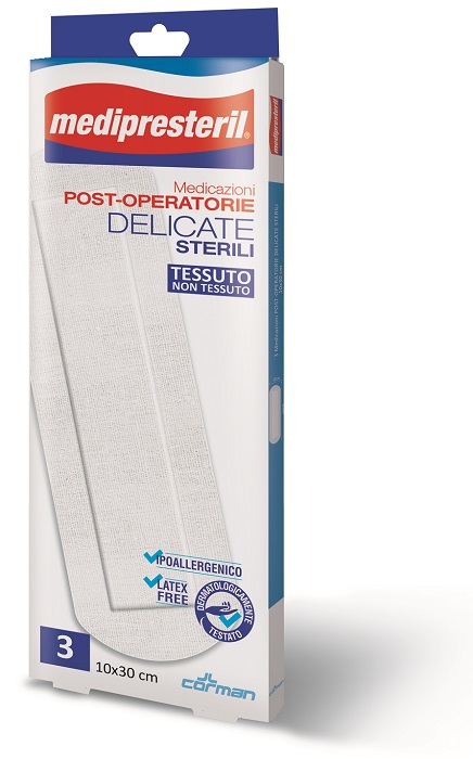 MEDICAZIONE POST OPERATORIA MEDIPRESETERIL DELICATA TNT 10X30CM 3 PEZZI - goldeneffe.it
