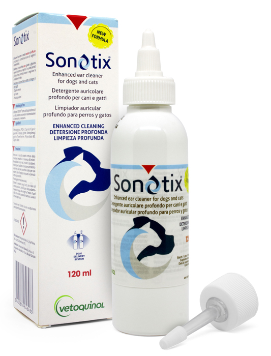 SONOTIX DETERGENTE AURICOLARE PROFONDO CANI E GATTI 120 ML + CANNULA CORTA RIGIDA + CANNULA LUNGA FLESSIBILE - goldeneffe.it