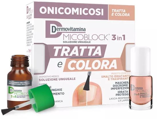 DERMOVITAMINA MICOBLOCK 3 IN 1 TRATTA E COLORA SOLUZIONE UNGUEALE 7 ML + SMALTO IDRATANTE TRASPIRANTE 5 ML - goldeneffe.it