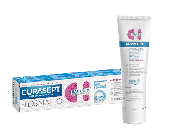 CURASEPT BIOSMALTO DENTIFRICIO BABY KID FRAGOLA CARIE ABRASIONE & EROSIONE 50 ML - goldeneffe.it