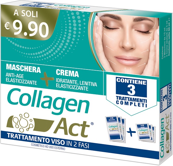 COLLAGEN ACT TRATTAMENTO VISO 2 FASI MASCHERA ANTI AGE ELASTICIZZANTE 3 PEZZI DA 15 ML + CREMA IDRATANTE LENITIVA ELASTICIZZANTE 3 PEZZI DA 5 ML - goldeneffe.it