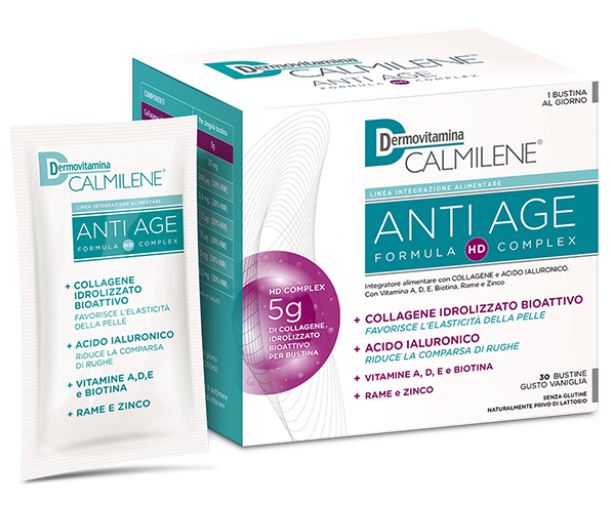 DERMOVITAMINA CALMILENE ANTIAGE IA A BASE DI COLLAGENE E ACIDO IALURONICO POLVERE 30 BUSTINE GUSTO VANIGLIA - goldeneffe.it