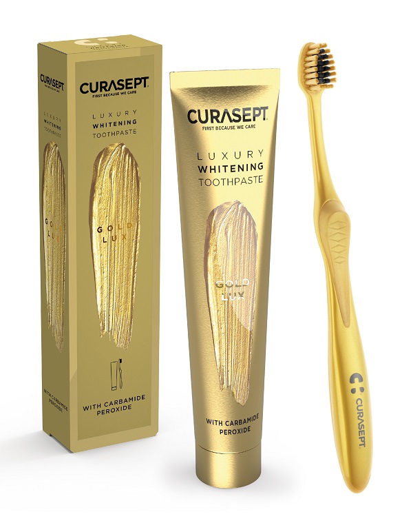 CURASEPT GOLD LUXURY WHITENING DENTIFRICIO 75 ML + SPAZZOLINO - goldeneffe.it