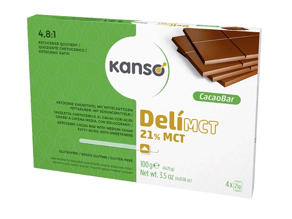 KANSO DELIMCT CACAO BAR 21% TAVOLETTA CHETOGENICA AL CACAO CON ACIDI GRASSI A CATENA MEDIA 4 MONOPORZIONI DA 25 G - goldeneffe.it