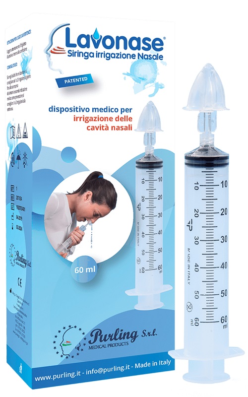 LAVONASE IRRIGAZIONE NASALE NON STERILE SIRINGA 60 ML + LUER-LOCK CON CAPPUCCIO + UGELLO NASALE CON RACCORDO LUER-LOCK + PERFORATORE CON VALVOLA NON RITORNO CON TAPPO - goldeneffe.it