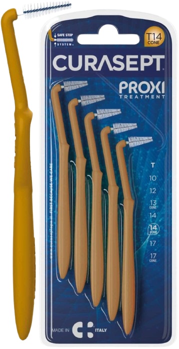 SCOVOLINO CURASEPT PROXI ANGLE MISURA T14 CONICO ISO 4 COLORE OCRA DIAMETRO 1,4 MM 5 PEZZI - goldeneffe.it