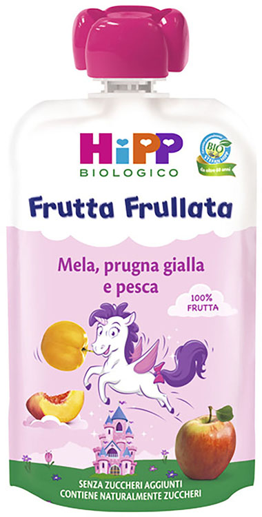 HIPP BIO FRUTTA FRULLATA UNICORNO MELA PRUGNA GIALLA PESCA 90 G - goldeneffe.it