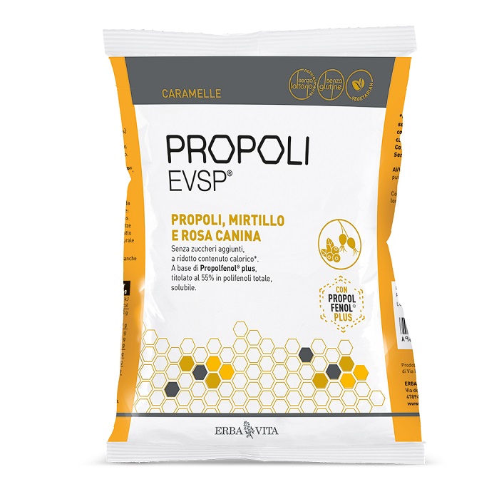 PROPOLI EVSP CARAMELLE PROPOLI MIRTILLO ROSA CANINA 65 G - goldeneffe.it