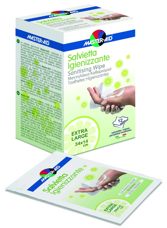 MASTER-AID SAVIETTA IMPREGNATA DI SOLUZIONE IGIENIZZANTE XL 12 PEZZI - goldeneffe.it