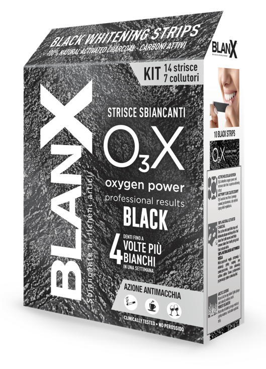 BLANX O3X BLACK STRISCE SBIANCANTI E ANTIMACCHIA 14 PEZZI - goldeneffe.it