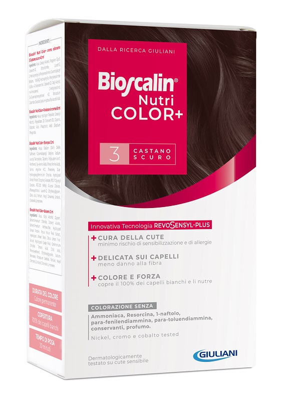 BIOSCALIN NUTRICOLOR PLUS 3 CASTANO SCURO CREMA COLORANTE 40 ML + RIVELATORE CREMA 60 ML + SHAMPOO 12 ML + TRATTAMENTO FINALE BALSAMO 12 ML - goldeneffe.it