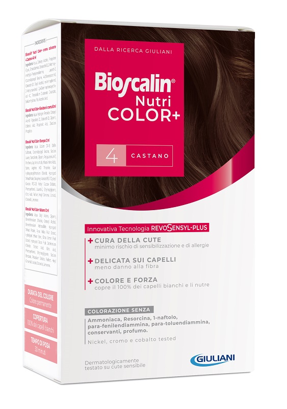 BIOSCALIN NUTRICOLOR PLUS 4 CASTANO CREMA COLORANTE 40 ML + RIVELATORE CREMA 60 ML + SHAMPOO 12 ML + TRATTAMENTO FINALE BALSAMO 12 ML - goldeneffe.it