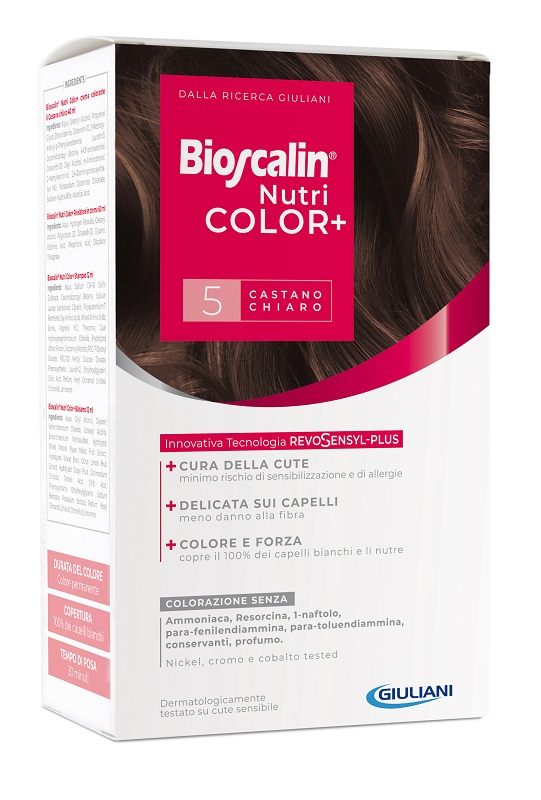 BIOSCALIN NUTRICOLOR PLUS 5 CASTANO CHIARO CREMA COLORANTE 40 ML + RIVELATORE CREMA 60 ML + SHAMPOO 12 ML + TRATTAMENTO FINALE BALSAMO 12 ML - goldeneffe.it