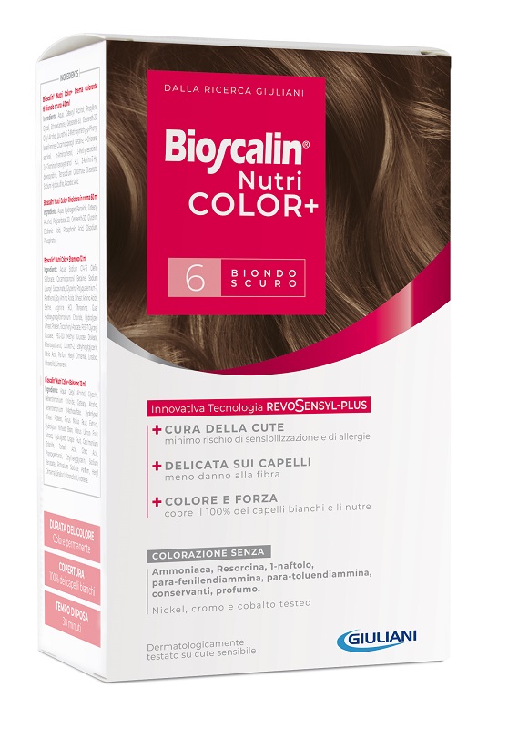 BIOSCALIN NUTRICOLOR PLUS 6 BIONDO SCURO CREMA COLORANTE 40 ML + RIVELATORE CREMA 60 ML + SHAMPOO 12 ML + TRATTAMENTO FINALE BALSAMO 12 ML - goldeneffe.it