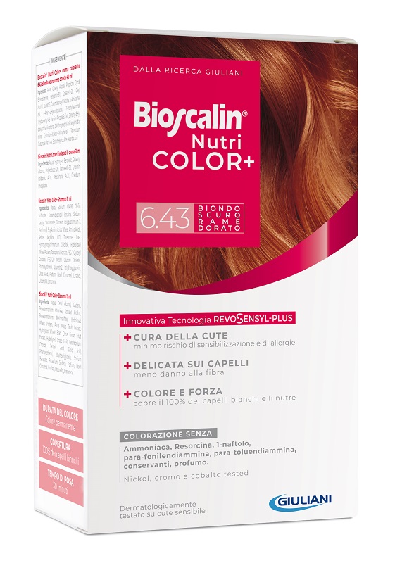 BIOSCALIN NUTRICOLOR PLUS 6,43 BIONDO SCURO RAME DORATO CREMA COLORANTE 40 ML + RIVELATORE CREMA 60 ML + SHAMPOO 12 ML + TRATTAMENTO FINALE BALSAMO 12 ML - goldeneffe.it