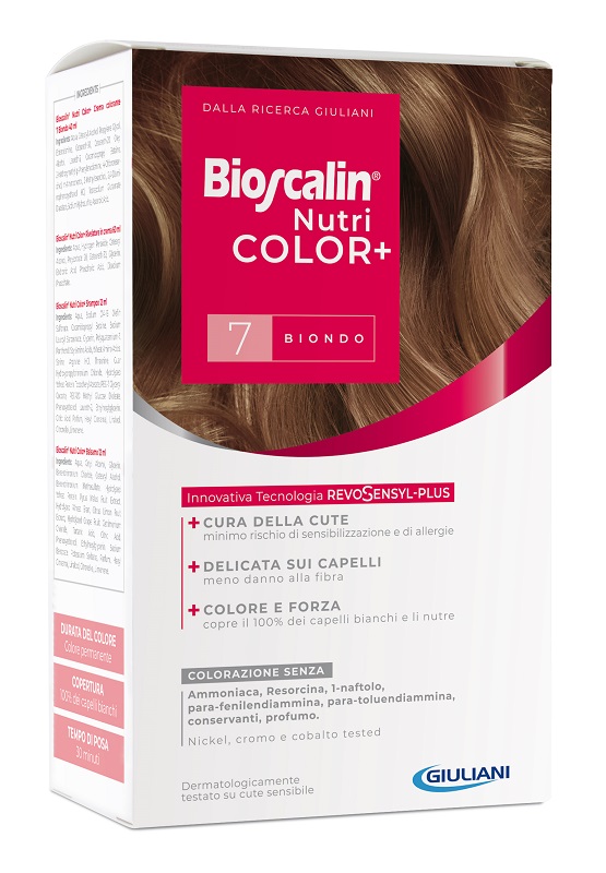 BIOSCALIN NUTRICOLOR PLUS 7 BIONDO CREMA COLORANTE 40 ML + RIVELATORE CREMA 60 ML + SHAMPOO 12 ML + TRATTAMENTO FINALE BALSAMO 12 ML - goldeneffe.it