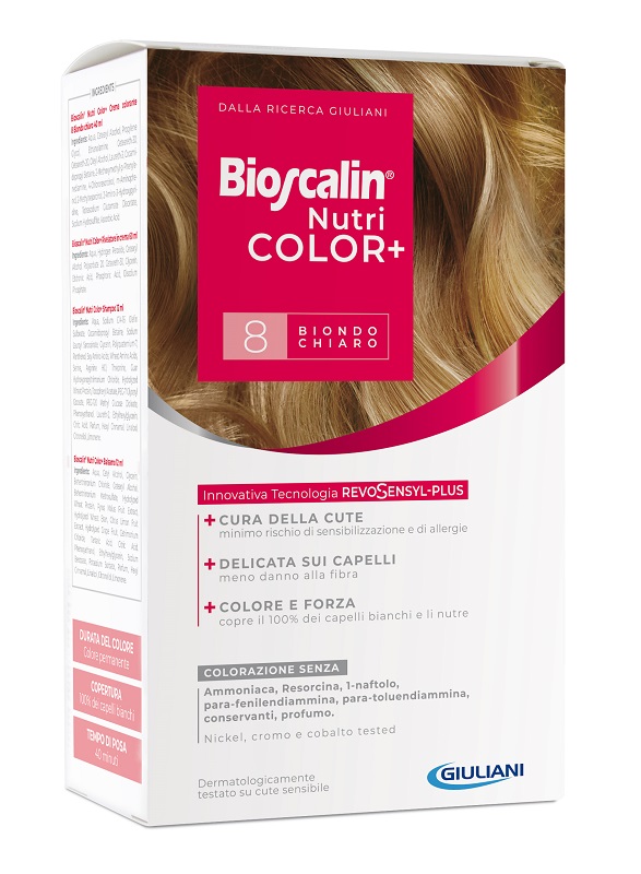 BIOSCALIN NUTRICOLOR PLUS 8 BIONDO CHIARO CREMA COLORANTE 40 ML + RIVELATORE CREMA 60 ML + SHAMPOO 12 ML + TRATTAMENTO FINALE BALSAMO 12 ML - goldeneffe.it