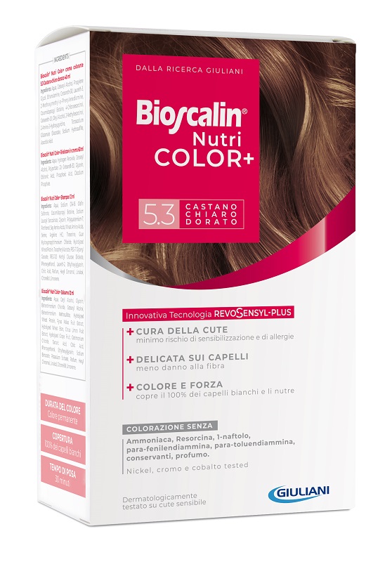 BIOSCALIN NUTRICOLOR PLUS 5,3 CASTANO CHIARO DORATO CREMA COLORANTE 40 ML + RIVELATORE CREMA 60 ML + SHAMPOO 12 ML + TRATTAMENTO FINALE BALSAMO 12 ML - goldeneffe.it