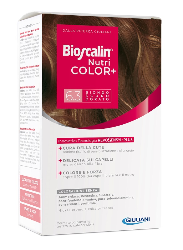 BIOSCALIN NUTRICOLOR PLUS 6,3 BIONDO SCURO DORATO CREMA COLORANTE 40 ML + RIVELATORE CREMA 60 ML + SHAMPOO 12 ML + TRATTAMENTO FINALE BALSAMO 12 ML - goldeneffe.it